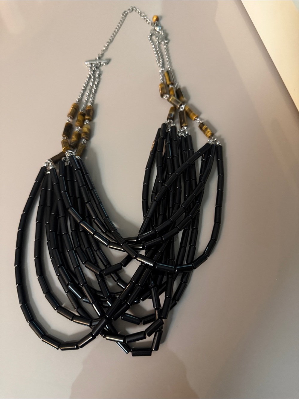 Lia Sophia Multi-Strand Black Tube Bead Necklace with Amber Accents